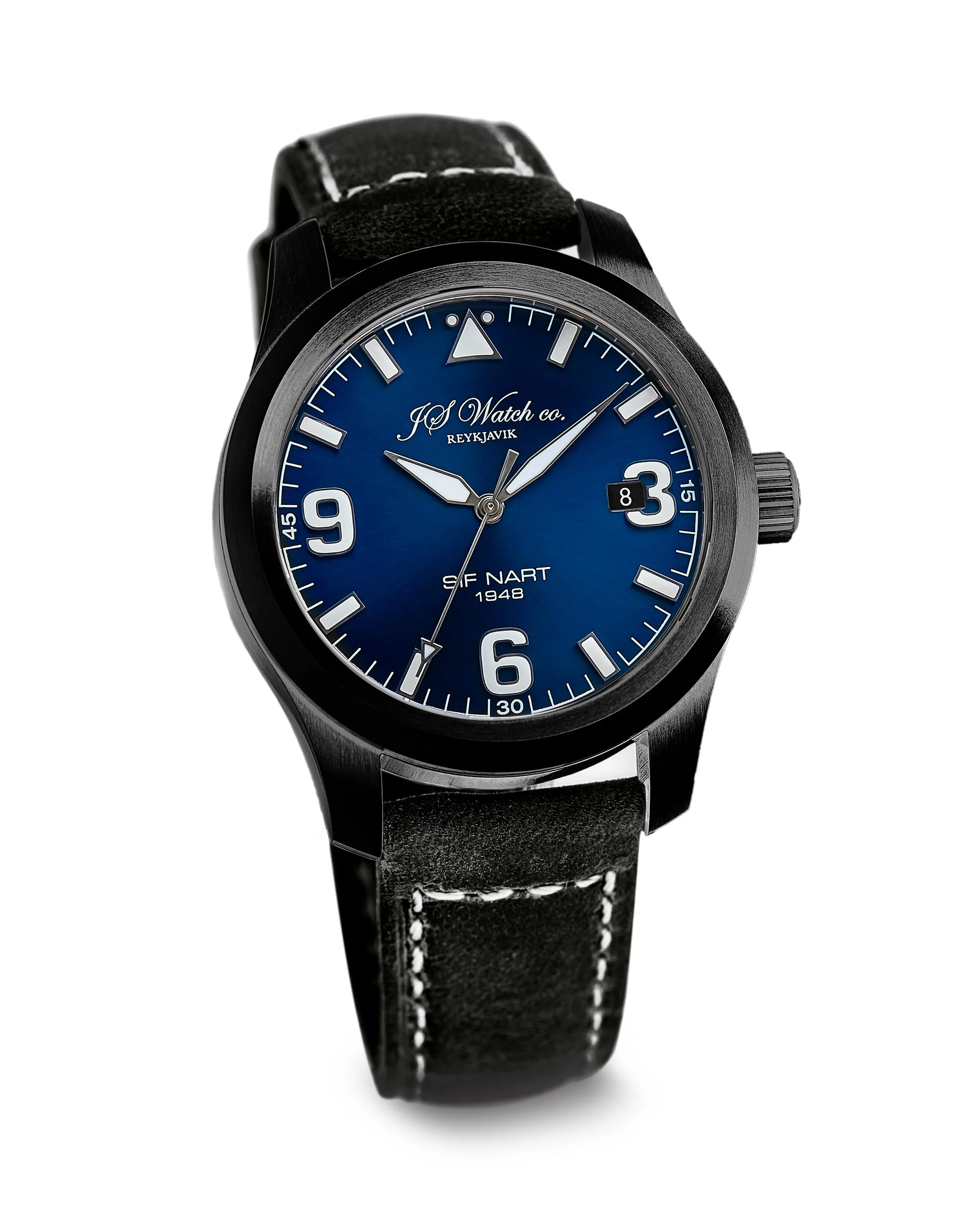 クラシック Islensk Pjodlog JS Watch Company Reykjavik — Sif NART 1948 Blue dial Black case